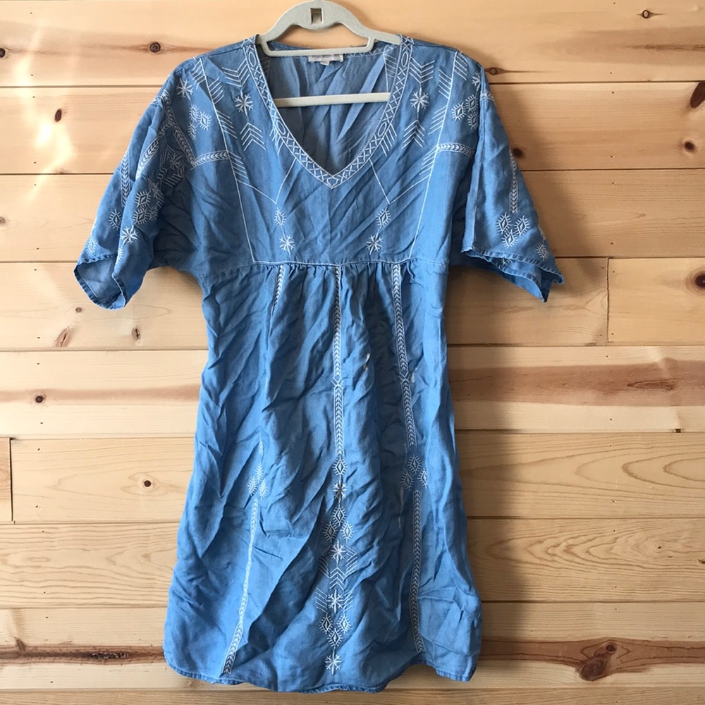 Embroidered chambray shift dress